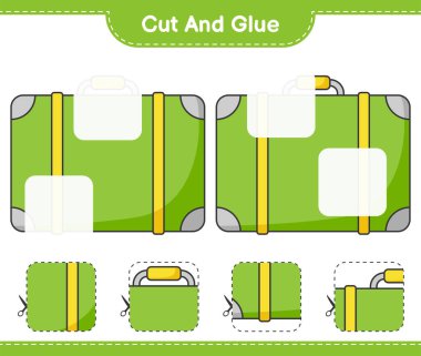 Kes ve yapıştır, bavulun parçalarını kes ve yapıştır. Eğitimsel çocuk oyunu, yazdırılabilir çalışma tablosu, vektör illüstrasyonu