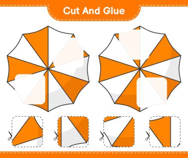 Kes ve yapıştır, Plaj Şemsiyesi 'nin parçalarını kes ve yapıştır. Eğitimsel çocuk oyunu, yazdırılabilir çalışma tablosu, vektör illüstrasyonu