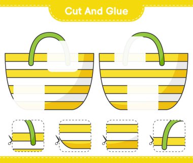 Kes ve yapıştır, Beach Bag 'in parçalarını kes ve yapıştır. Eğitimsel çocuk oyunu, yazdırılabilir çalışma tablosu, vektör illüstrasyonu