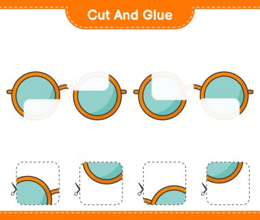 Kes ve yapıştır, güneş gözlüğünün parçalarını kes ve yapıştır. Eğitimsel çocuk oyunu, yazdırılabilir çalışma tablosu, vektör illüstrasyonu