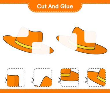 Kes ve yapıştır, Summer Hat 'in parçalarını kes ve yapıştır. Eğitimsel çocuk oyunu, yazdırılabilir çalışma tablosu, vektör illüstrasyonu
