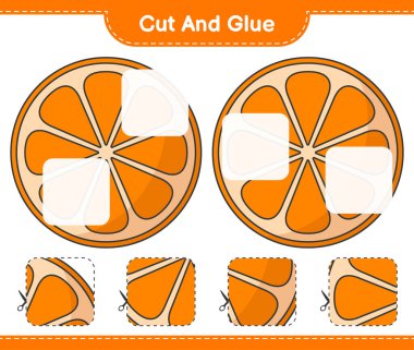 Kes ve yapıştır, Orange 'ın parçalarını kes ve yapıştır. Eğitimsel çocuk oyunu, yazdırılabilir çalışma tablosu, vektör illüstrasyonu