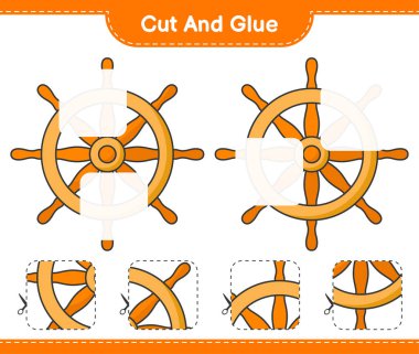 Kes ve yapıştır, Gemi Direksiyonunun parçalarını kes ve yapıştır. Eğitimsel çocuk oyunu, yazdırılabilir çalışma tablosu, vektör illüstrasyonu