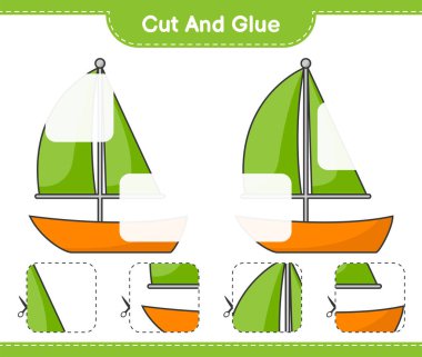 Kes ve yapıştır, yelkenlinin parçalarını kes ve yapıştır. Eğitimsel çocuk oyunu, yazdırılabilir çalışma tablosu, vektör illüstrasyonu
