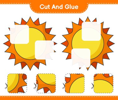 Kes ve yapıştır, Güneş 'in parçalarını kes ve yapıştır. Eğitimsel çocuk oyunu, yazdırılabilir çalışma tablosu, vektör illüstrasyonu
