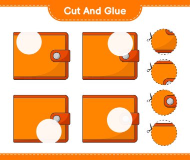 Kes ve yapıştır, Cüzdanın parçalarını kes ve yapıştır. Eğitimsel çocuk oyunu, yazdırılabilir çalışma tablosu, vektör illüstrasyonu