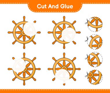 Kes ve yapıştır, Gemi Direksiyonunun parçalarını kes ve yapıştır. Eğitimsel çocuk oyunu, yazdırılabilir çalışma tablosu, vektör illüstrasyonu
