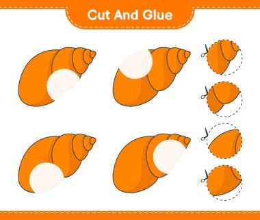 Kes ve yapıştır, deniz kabuklarını kes ve yapıştır. Eğitimsel çocuk oyunu, yazdırılabilir çalışma tablosu, vektör illüstrasyonu