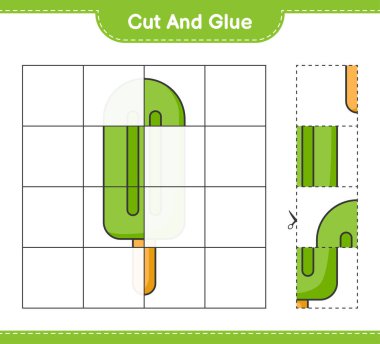 Kes ve yapıştır, dondurmanın parçalarını kes ve yapıştır. Eğitimsel çocuk oyunu, yazdırılabilir çalışma tablosu, vektör illüstrasyonu
