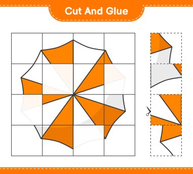 Kes ve yapıştır, Plaj Şemsiyesi 'nin parçalarını kes ve yapıştır. Eğitimsel çocuk oyunu, yazdırılabilir çalışma tablosu, vektör illüstrasyonu