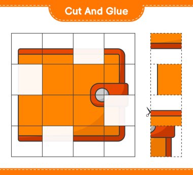 Kes ve yapıştır, Cüzdanın parçalarını kes ve yapıştır. Eğitimsel çocuk oyunu, yazdırılabilir çalışma tablosu, vektör illüstrasyonu