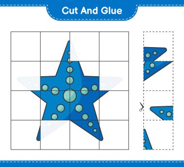 Kes ve yapıştır, Denizyıldızı 'nın parçalarını kes ve yapıştır. Eğitimsel çocuk oyunu, yazdırılabilir çalışma tablosu, vektör illüstrasyonu
