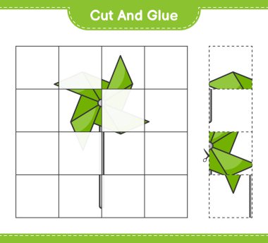 Kes ve yapıştır, fırıldak parçalarını kes ve yapıştır. Eğitimsel çocuk oyunu, yazdırılabilir çalışma tablosu, vektör illüstrasyonu