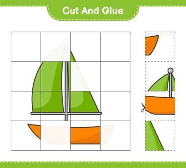 Kes ve yapıştır, yelkenlinin parçalarını kes ve yapıştır. Eğitimsel çocuk oyunu, yazdırılabilir çalışma tablosu, vektör illüstrasyonu