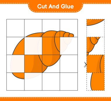 Kes ve yapıştır, deniz kabuklarını kes ve yapıştır. Eğitimsel çocuk oyunu, yazdırılabilir çalışma tablosu, vektör illüstrasyonu