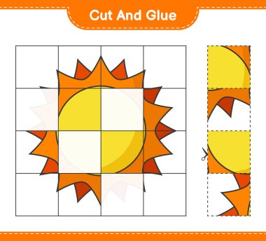 Kes ve yapıştır, Güneş 'in parçalarını kes ve yapıştır. Eğitimsel çocuk oyunu, yazdırılabilir çalışma tablosu, vektör illüstrasyonu