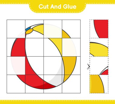 Kes ve yapıştır, Beach Ball 'un parçalarını kes ve yapıştır. Eğitimsel çocuk oyunu, yazdırılabilir çalışma tablosu, vektör illüstrasyonu