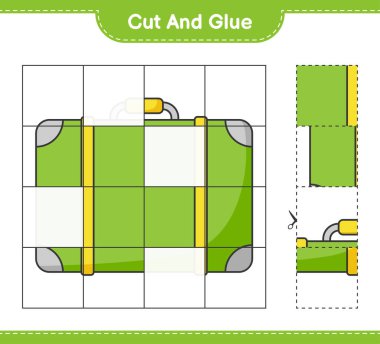 Kes ve yapıştır, bavulun parçalarını kes ve yapıştır. Eğitimsel çocuk oyunu, yazdırılabilir çalışma tablosu, vektör illüstrasyonu