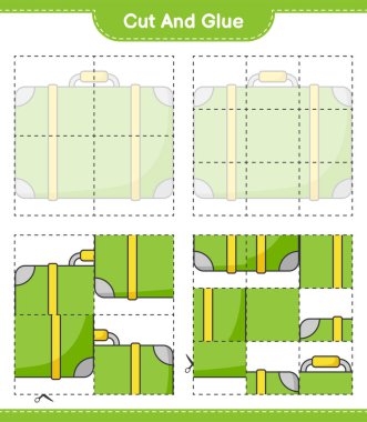 Kes ve yapıştır, bavulun parçalarını kes ve yapıştır. Eğitimsel çocuk oyunu, yazdırılabilir çalışma tablosu, vektör illüstrasyonu