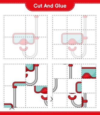 Kes ve yapıştır, Scuba Dalış Maskesi 'nin parçalarını kes ve yapıştır. Eğitimsel çocuk oyunu, yazdırılabilir çalışma tablosu, vektör illüstrasyonu