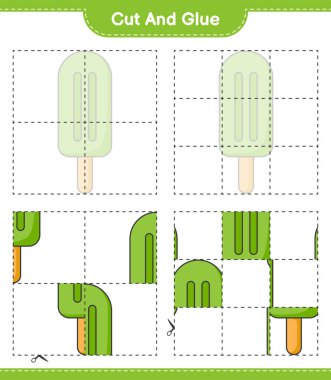 Kes ve yapıştır, dondurmanın parçalarını kes ve yapıştır. Eğitimsel çocuk oyunu, yazdırılabilir çalışma tablosu, vektör illüstrasyonu