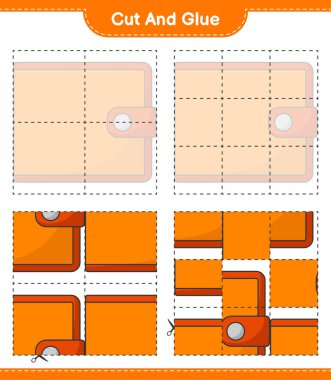 Kes ve yapıştır, Cüzdanın parçalarını kes ve yapıştır. Eğitimsel çocuk oyunu, yazdırılabilir çalışma tablosu, vektör illüstrasyonu