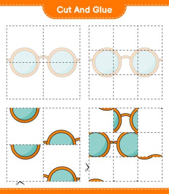 Kes ve yapıştır, güneş gözlüğünün parçalarını kes ve yapıştır. Eğitimsel çocuk oyunu, yazdırılabilir çalışma tablosu, vektör illüstrasyonu