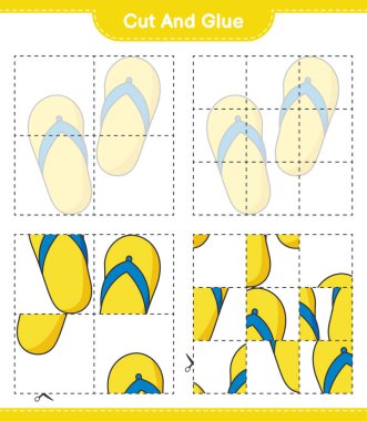 Kes ve yapıştır, parmak arası terliğin parçalarını kes ve yapıştır. Eğitimsel çocuk oyunu, yazdırılabilir çalışma tablosu, vektör illüstrasyonu