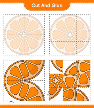 Kes ve yapıştır, Orange 'ın parçalarını kes ve yapıştır. Eğitimsel çocuk oyunu, yazdırılabilir çalışma tablosu, vektör illüstrasyonu