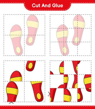 Kes ve yapıştır, parmak arası terliğin parçalarını kes ve yapıştır. Eğitimsel çocuk oyunu, yazdırılabilir çalışma tablosu, vektör illüstrasyonu