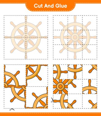 Kes ve yapıştır, Gemi Direksiyonunun parçalarını kes ve yapıştır. Eğitimsel çocuk oyunu, yazdırılabilir çalışma tablosu, vektör illüstrasyonu