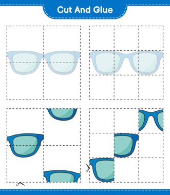 Kes ve yapıştır, güneş gözlüğünün parçalarını kes ve yapıştır. Eğitimsel çocuk oyunu, yazdırılabilir çalışma tablosu, vektör illüstrasyonu