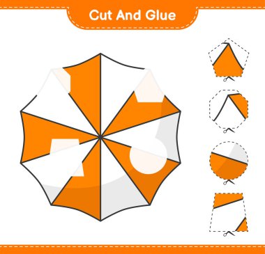 Kes ve yapıştır, Plaj Şemsiyesi 'nin parçalarını kes ve yapıştır. Eğitimsel çocuk oyunu, yazdırılabilir çalışma tablosu, vektör illüstrasyonu