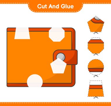 Kes ve yapıştır, Cüzdanın parçalarını kes ve yapıştır. Eğitimsel çocuk oyunu, yazdırılabilir çalışma tablosu, vektör illüstrasyonu