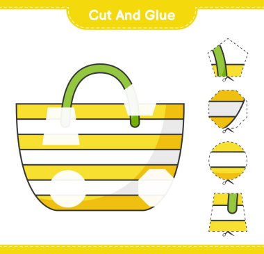 Kes ve yapıştır, Beach Bag 'in parçalarını kes ve yapıştır. Eğitimsel çocuk oyunu, yazdırılabilir çalışma tablosu, vektör illüstrasyonu