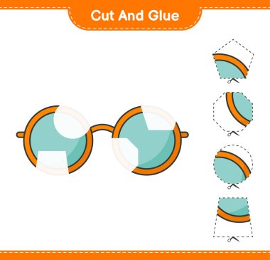 Kes ve yapıştır, güneş gözlüğünün parçalarını kes ve yapıştır. Eğitimsel çocuk oyunu, yazdırılabilir çalışma tablosu, vektör illüstrasyonu