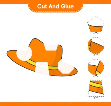 Kes ve yapıştır, Summer Hat 'in parçalarını kes ve yapıştır. Eğitimsel çocuk oyunu, yazdırılabilir çalışma tablosu, vektör illüstrasyonu