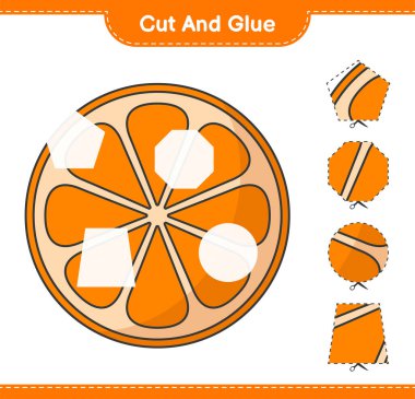 Kes ve yapıştır, Orange 'ın parçalarını kes ve yapıştır. Eğitimsel çocuk oyunu, yazdırılabilir çalışma tablosu, vektör illüstrasyonu