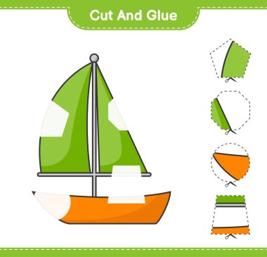 Kes ve yapıştır, yelkenlinin parçalarını kes ve yapıştır. Eğitimsel çocuk oyunu, yazdırılabilir çalışma tablosu, vektör illüstrasyonu