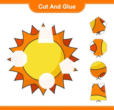 Kes ve yapıştır, Güneş 'in parçalarını kes ve yapıştır. Eğitimsel çocuk oyunu, yazdırılabilir çalışma tablosu, vektör illüstrasyonu