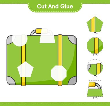 Kes ve yapıştır, bavulun parçalarını kes ve yapıştır. Eğitimsel çocuk oyunu, yazdırılabilir çalışma tablosu, vektör illüstrasyonu