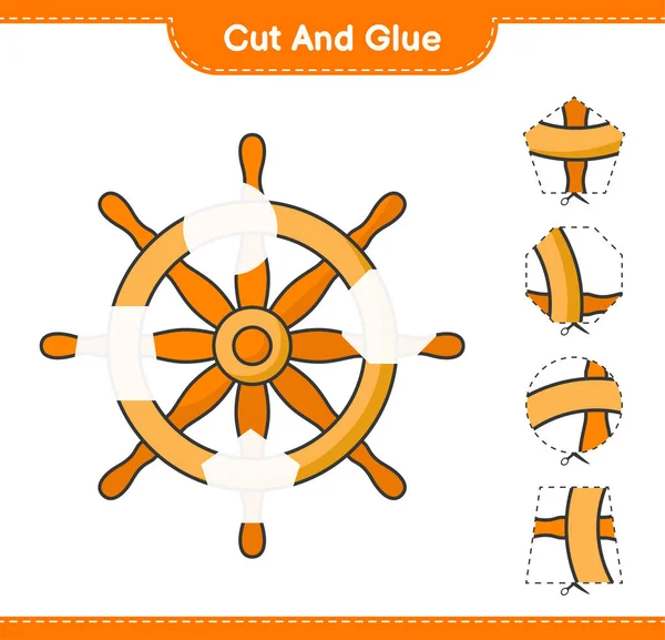 Kes ve yapıştır, Gemi Direksiyonunun parçalarını kes ve yapıştır. Eğitimsel çocuk oyunu, yazdırılabilir çalışma tablosu, vektör illüstrasyonu