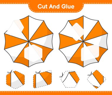 Kes ve yapıştır, Plaj Şemsiyesi 'nin parçalarını kes ve yapıştır. Eğitimsel çocuk oyunu, yazdırılabilir çalışma tablosu, vektör illüstrasyonu