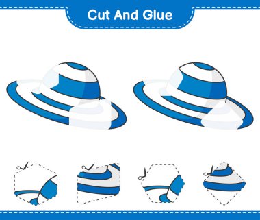 Kes ve yapıştır, Summer Hat 'in parçalarını kes ve yapıştır. Eğitimsel çocuk oyunu, yazdırılabilir çalışma tablosu, vektör illüstrasyonu