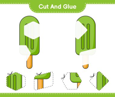 Kes ve yapıştır, dondurmanın parçalarını kes ve yapıştır. Eğitimsel çocuk oyunu, yazdırılabilir çalışma tablosu, vektör illüstrasyonu