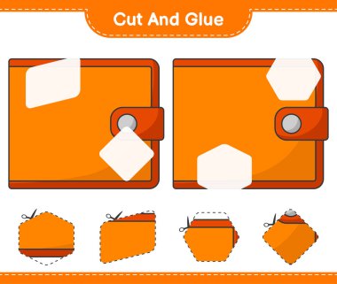 Kes ve yapıştır, Cüzdanın parçalarını kes ve yapıştır. Eğitimsel çocuk oyunu, yazdırılabilir çalışma tablosu, vektör illüstrasyonu