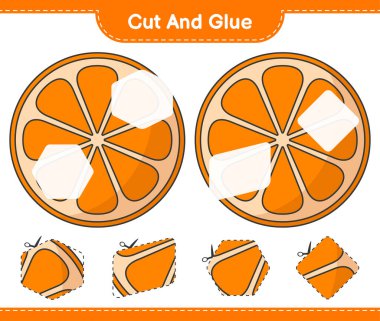 Kes ve yapıştır, Orange 'ın parçalarını kes ve yapıştır. Eğitimsel çocuk oyunu, yazdırılabilir çalışma tablosu, vektör illüstrasyonu