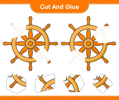Kes ve yapıştır, Gemi Direksiyonunun parçalarını kes ve yapıştır. Eğitimsel çocuk oyunu, yazdırılabilir çalışma tablosu, vektör illüstrasyonu