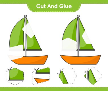 Kes ve yapıştır, yelkenlinin parçalarını kes ve yapıştır. Eğitimsel çocuk oyunu, yazdırılabilir çalışma tablosu, vektör illüstrasyonu