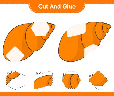 Kes ve yapıştır, deniz kabuklarını kes ve yapıştır. Eğitimsel çocuk oyunu, yazdırılabilir çalışma tablosu, vektör illüstrasyonu